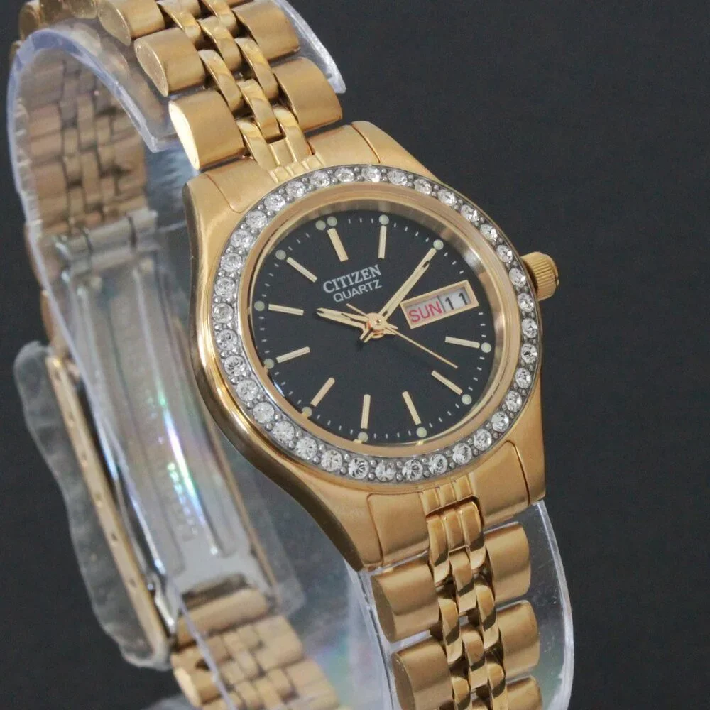 Citizen Ladies Classic Quartz Watch Crystal Bezel Gold Toone Black Dial 26mm - Picture 5 of 13
